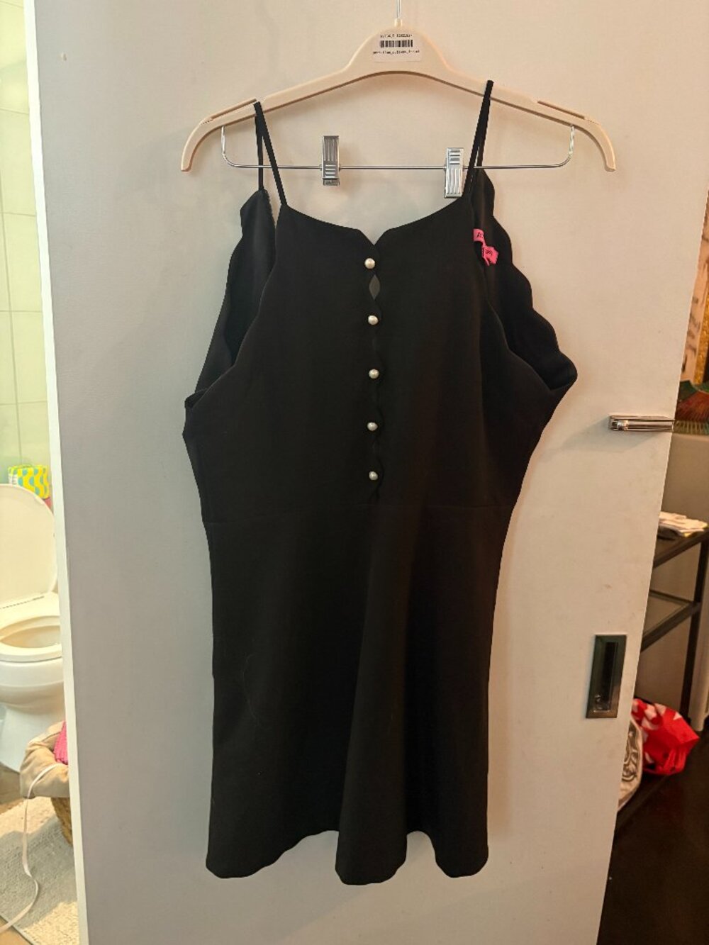 Betsey Johnson Black Scalloped Slip Dress Pearl Buttons Sz 6